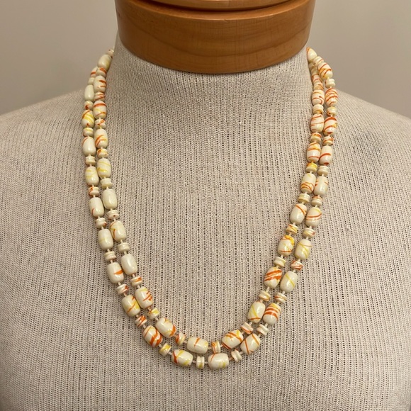 Vintage Beaded Necklace Ivory with Orange and Yellow Paint Splatter Design - Picture 8 of 13